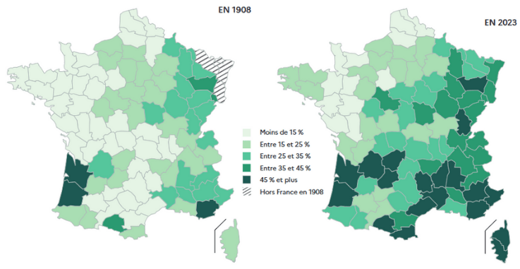 Comparaison du taux de boisement en france hexagonale entre 1908 et 2023